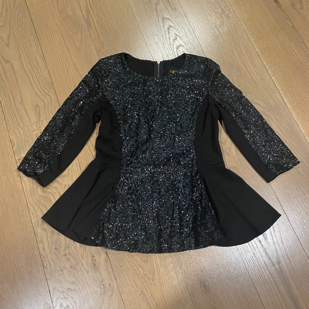 Eros Apparel Black Long Sleeve Sequin Peplum Top, Size L